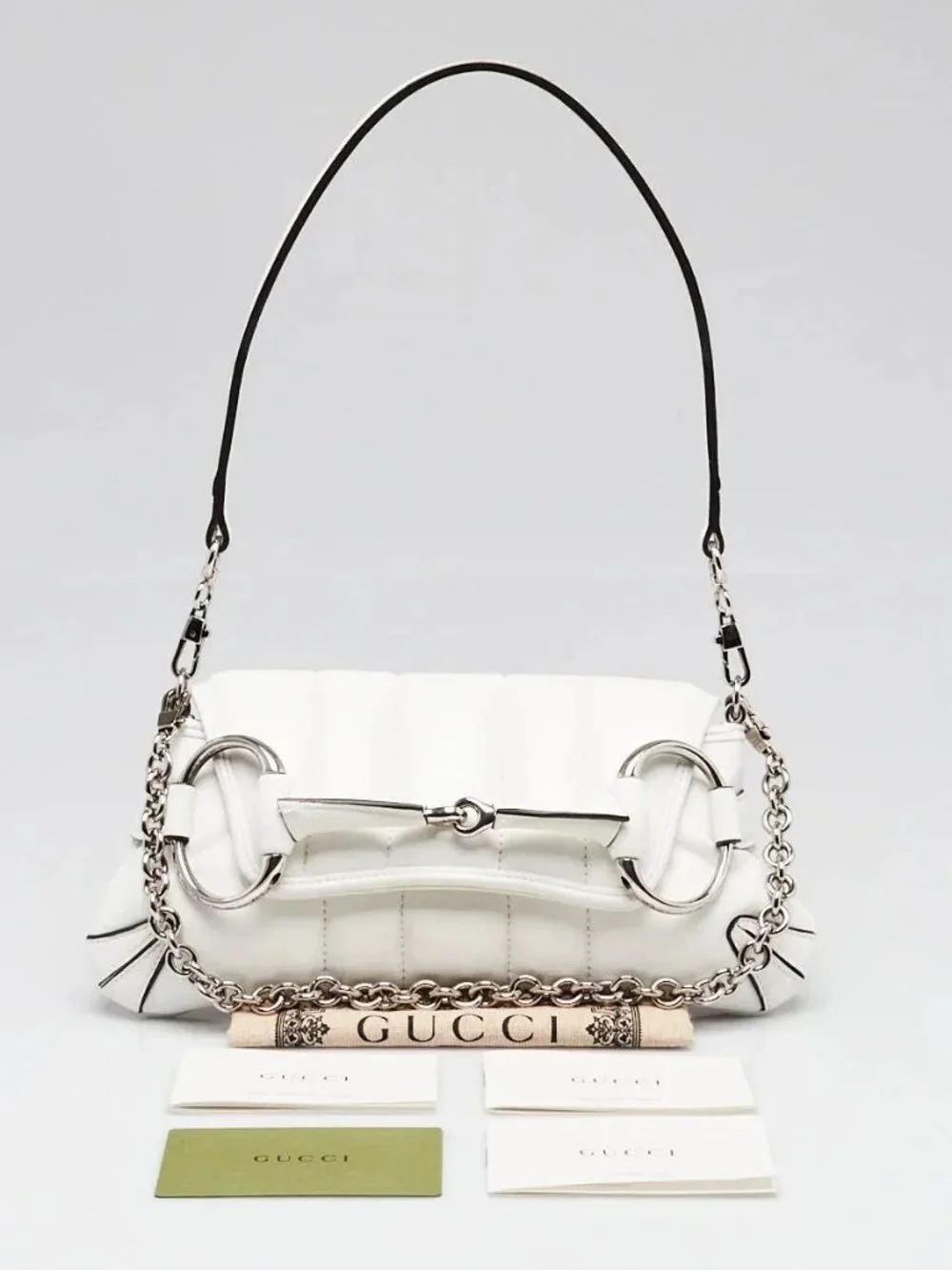 Gucci White Quilted Lambskin Leather Small Horsebit Chain Shoulder Bag